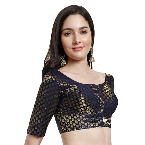 JISB Women's Brocade Round Neck Elbow Sleeve Blouse (42, Navy) - Image 2