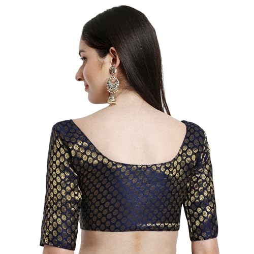 JISB Women's Brocade Round Neck Elbow Sleeve Blouse (42, Navy) - Image 3