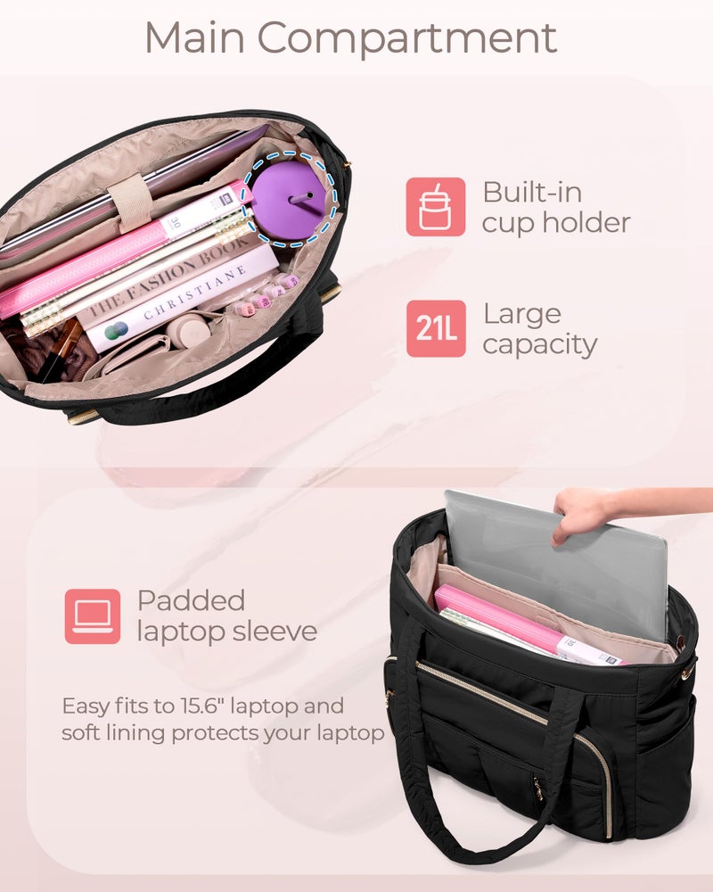 Marscamd Teacher Bag for Women with Accordion File Pockets & Crossbody Strap, Puffer Tote for Work with 15.6" Laptop Compartment, Black - Image 4