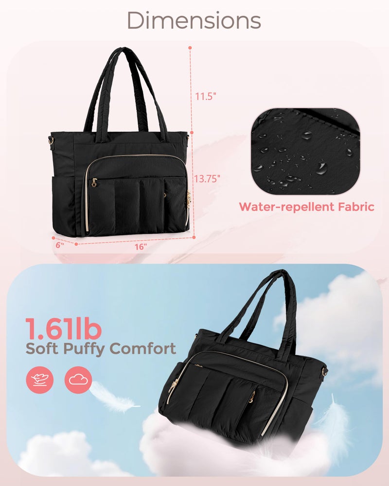 Marscamd Teacher Bag for Women with Accordion File Pockets & Crossbody Strap, Puffer Tote for Work with 15.6" Laptop Compartment, Black - Image 5