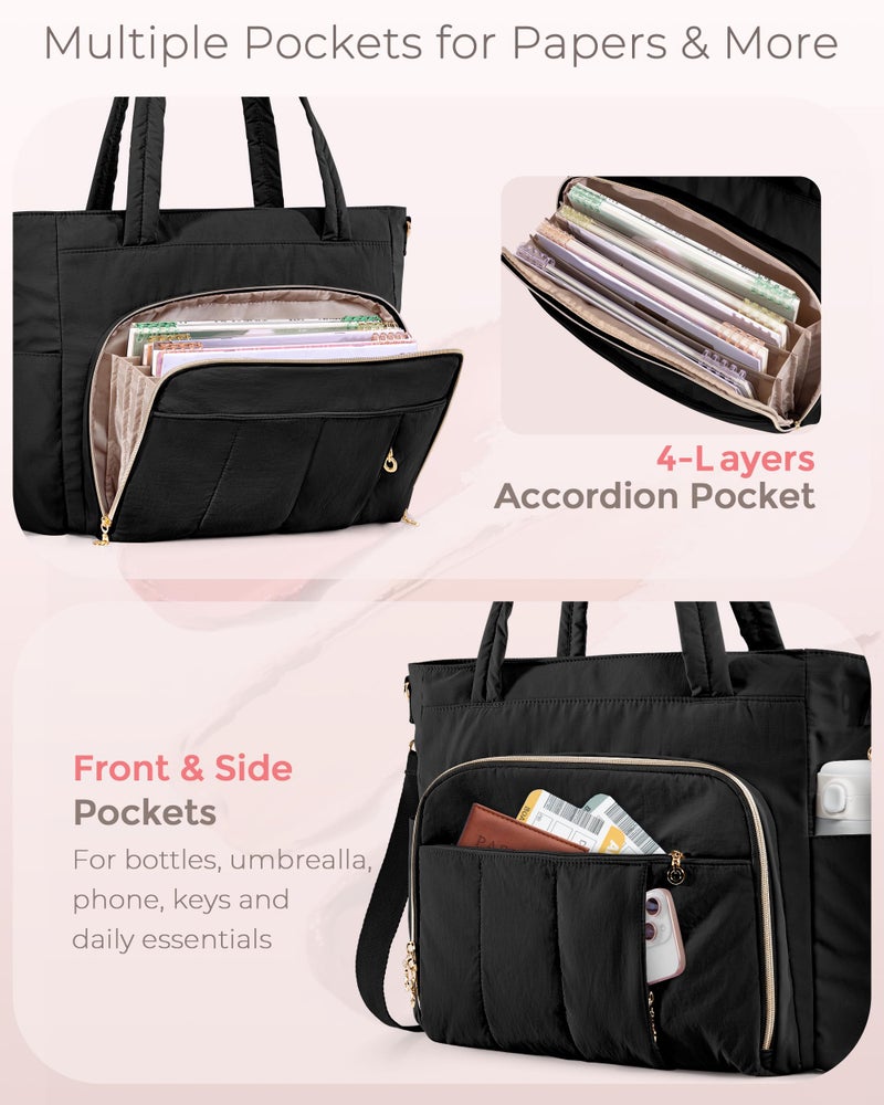 Marscamd Teacher Bag for Women with Accordion File Pockets & Crossbody Strap, Puffer Tote for Work with 15.6" Laptop Compartment, Black - Image 3