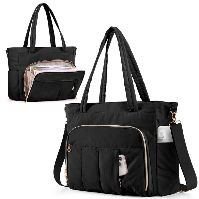 Marscamd Teacher Bag for Women with Accordion File Pockets & Crossbody Strap, Puffer Tote for Work with 15.6" Laptop Compartment, Black - Image 1