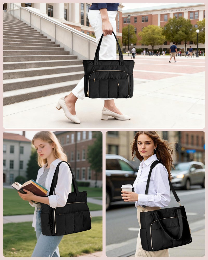 Marscamd Teacher Bag for Women with Accordion File Pockets & Crossbody Strap, Puffer Tote for Work with 15.6" Laptop Compartment, Black - Image 2