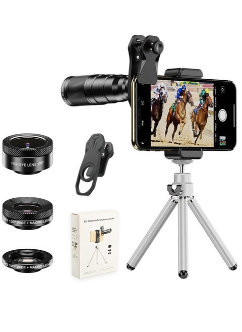 APEXEL 4 in 1 Optic HD Phone Camera Lens Kit Telephoto Zoom Monocular Telescope 22X Lens + Macro Wide Fisheye With Tripod