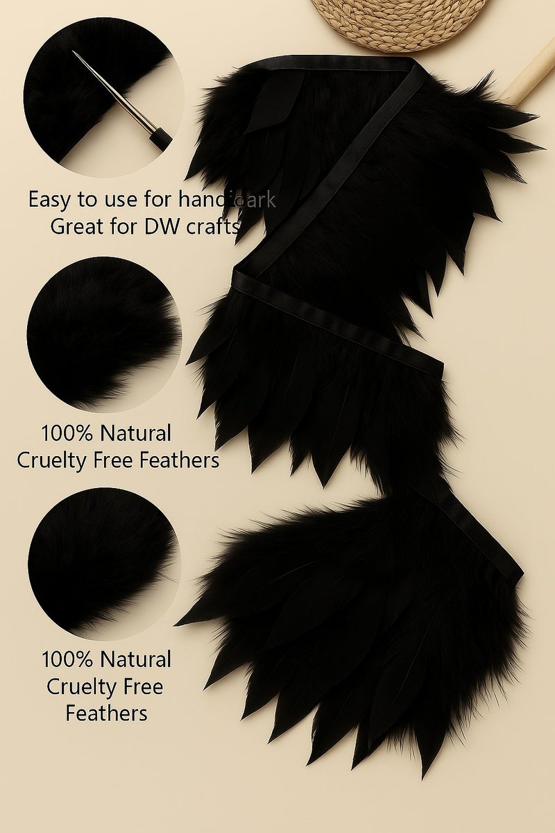 Black Permium Feather Trim Fringe – 2 Meters | 15cm Tall -Style Feather Ribbon for Sewing, DIY Crafts, Costumes, Dresses & Decor - Image 2