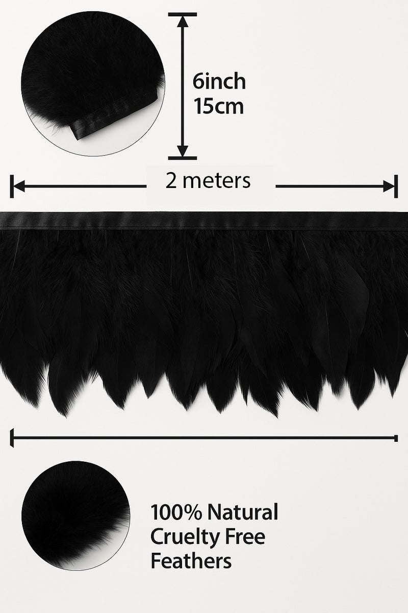 Black Permium Feather Trim Fringe – 2 Meters | 15cm Tall -Style Feather Ribbon for Sewing, DIY Crafts, Costumes, Dresses & Decor - Image 3
