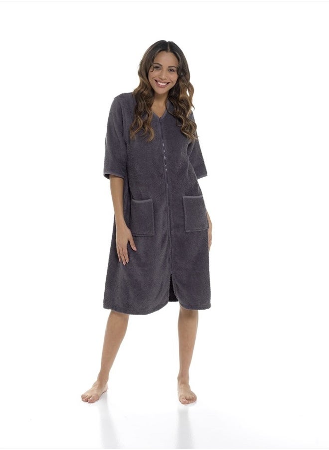 fashion_junction Ladies/Womens 100% Cotton Terry Towelling Zip Front Dressing Gown/Bathrobe/Housecoat (Dark Grey, Large)  - Image 1