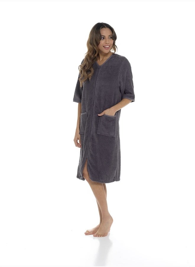 fashion_junction Ladies/Womens 100% Cotton Terry Towelling Zip Front Dressing Gown/Bathrobe/Housecoat (Dark Grey, Large)  - Image 3