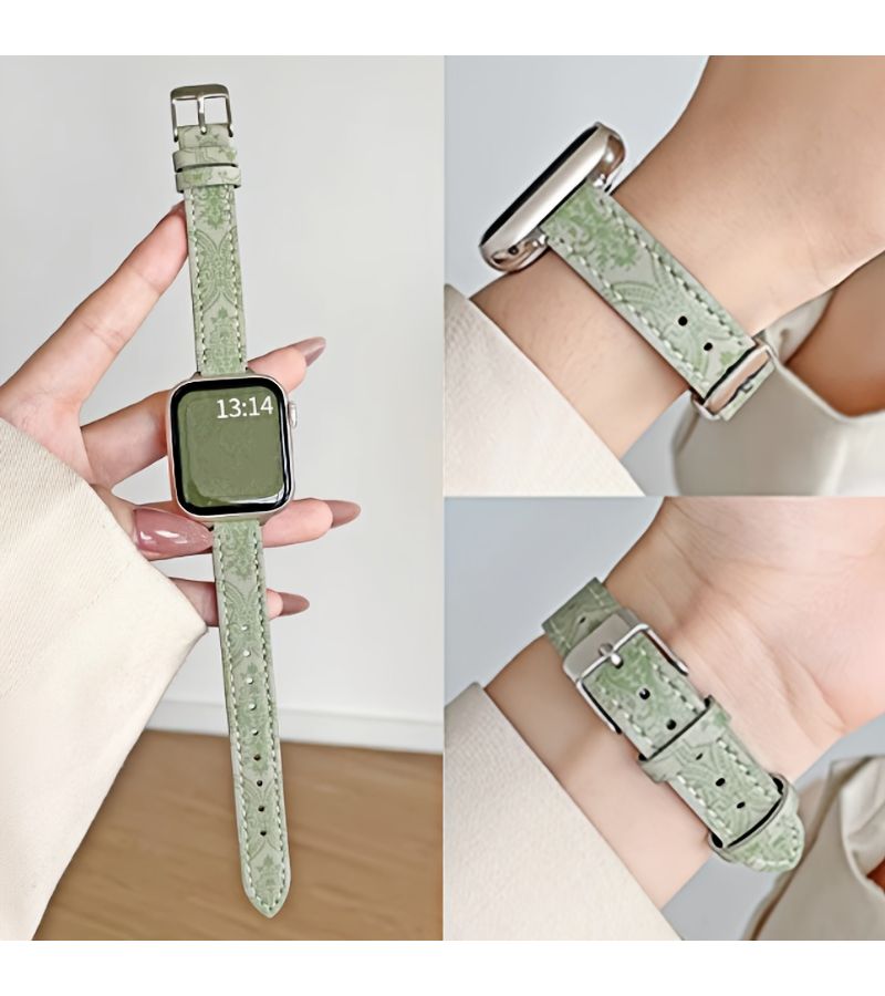 Classic Green Printed Synthetic Leather Smartwatch Band Compatible With Apple Watch 38mm 40mm 41mm - Image 1
