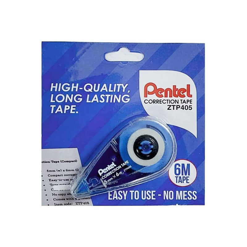 Pentel Correction Tape | Non-Toxic & Strong Adhesive Tape | 6M Long Lasting Writable Tape | 5mm x 6m | Blue | Pack of 2 (ZTP405) - Image 2