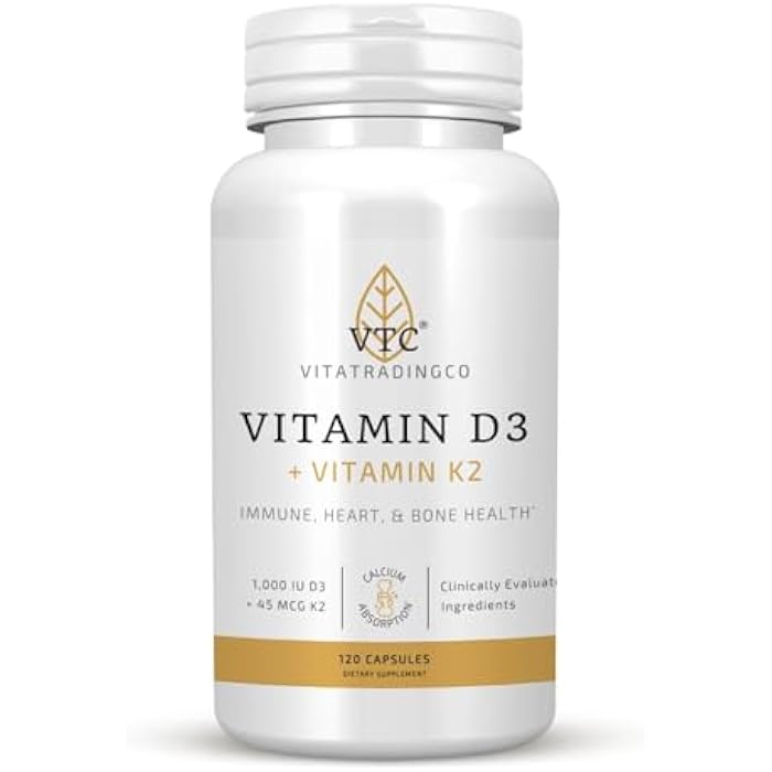 VTC VitaTradingCo. Vitamin D3 + K2 | High Potency, Bioactive Forms | 1000iu D3 + 45mcg MK-4 K2 | Boost Calcium Absorption | Immune, Heart, & Bone Support | 120 Capsules - Image 1