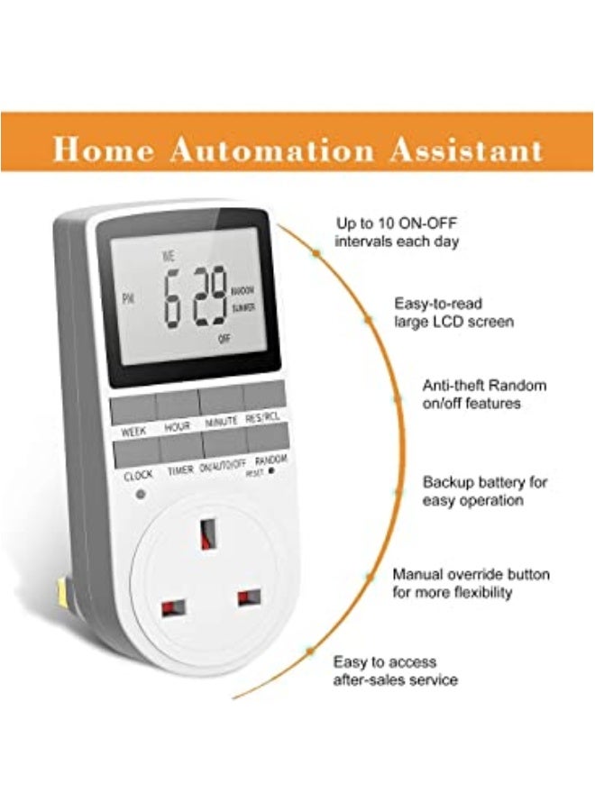 مقبس إضاءة بمؤقت رقمي مع شاشة LCD وعشرة برامج قابلة للبرمجة قابس قياسي بريطاني لتوفير الطاقة على مدار الساعة وطوال أيام الأسبوع - Image 3