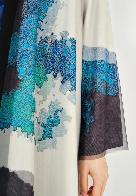 Thouq Beautiful Printed chiffon Jalabiya With Cowl Neckline With Long Sleeves