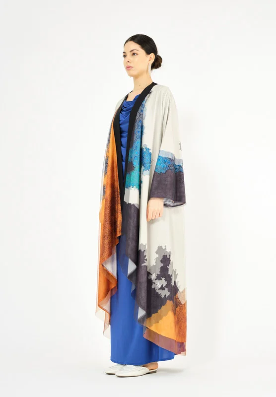 ذوق Beautiful Printed chiffon Jalabiya With Cowl Neckline With Long Sleeves