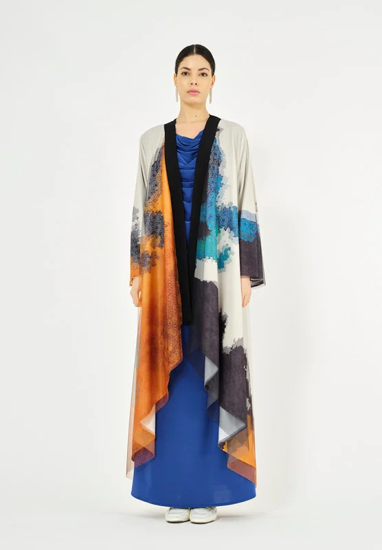 ذوق Beautiful Printed chiffon Jalabiya With Cowl Neckline With Long Sleeves