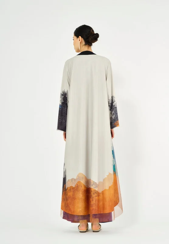 Thouq Beautiful Printed chiffon Jalabiya With Cowl Neckline With Long Sleeves