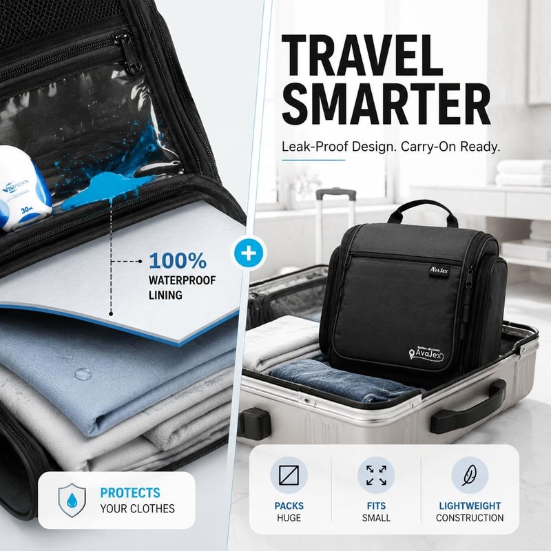AvaJex Premium Hanging Travel Toiletry Wash Bag for Men and Women - Large Toiletry Organizer - Waterproof Hygiene Bag with Metal Swivel Hook, YKK Zippers and 19 Compartments for Toiletries, Makeup, Cosmetics - Image 4