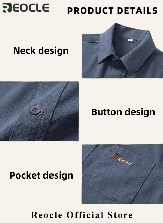 REOCLE Men's 2PCS Set Summer Short-sleeved Shirt with Shirt Collar and Pocket Cool-to-the-touch and Breathable T-shirt and Pants Set - Image 5