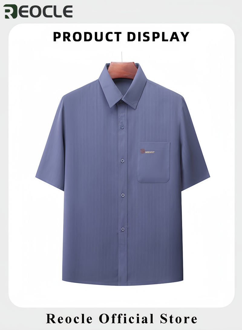 REOCLE Men's 2PCS Set Summer Short-sleeved Shirt with Shirt Collar and Pocket Cool-to-the-touch and Breathable T-shirt and Pants Set - Image 3