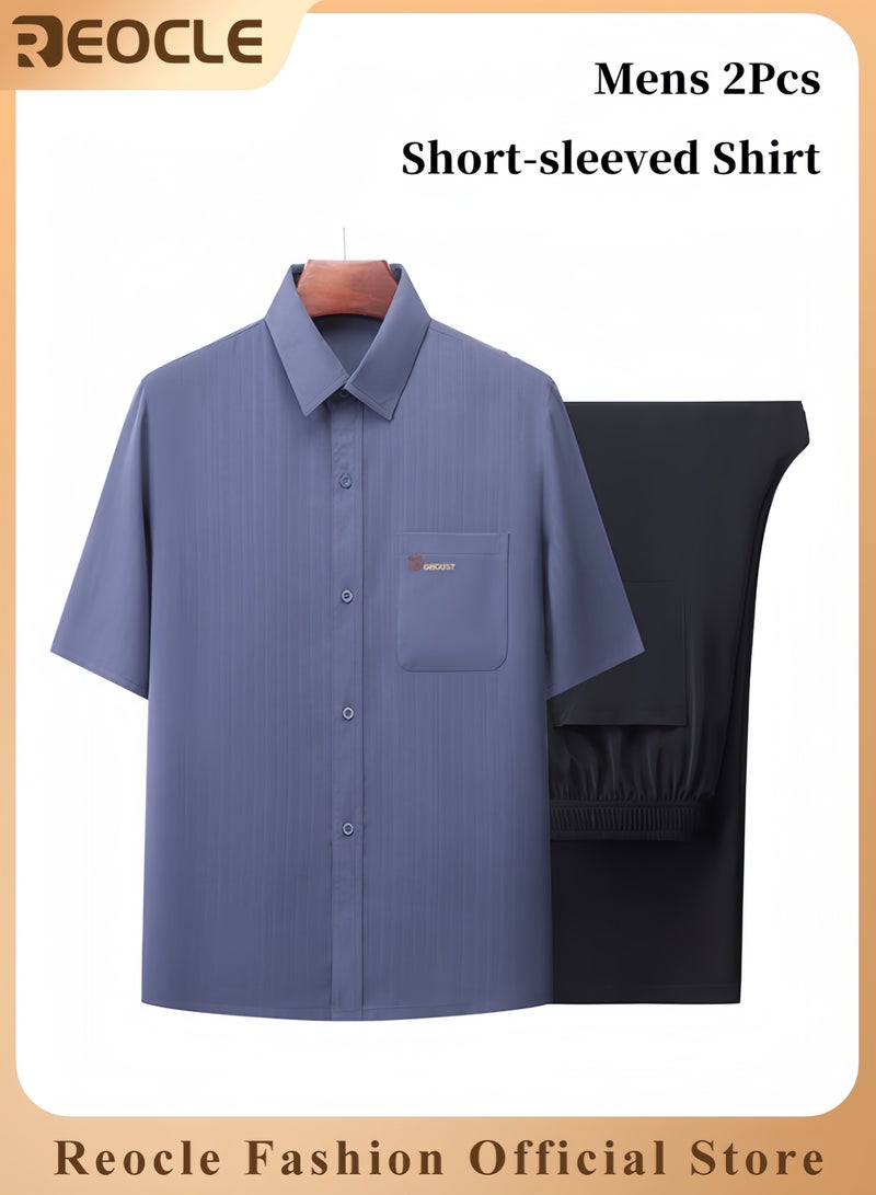 REOCLE Men's 2PCS Set Summer Short-sleeved Shirt with Shirt Collar and Pocket Cool-to-the-touch and Breathable T-shirt and Pants Set - Image 1