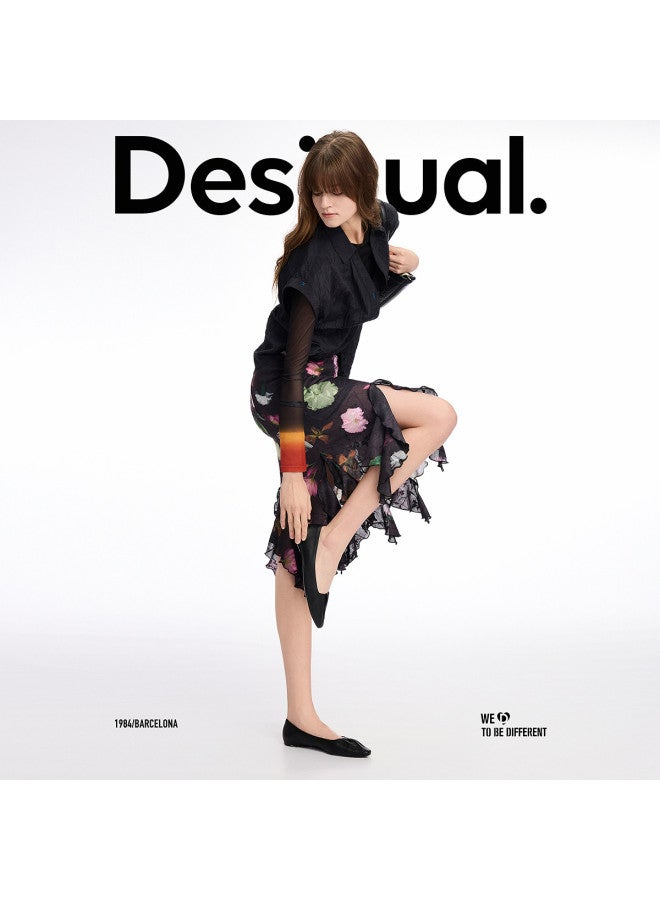 DESIGUAL مجموعة جديدة ss25 تنورة مزخرفة بطبعة زهور مع حافة غير متساوية - Image 4