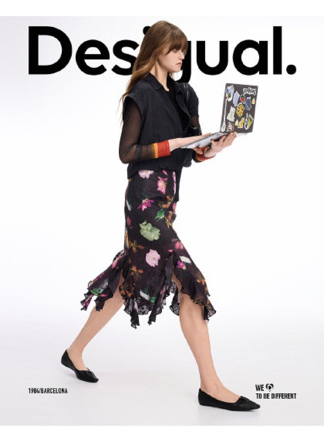 DESIGUAL مجموعة جديدة ss25 تنورة مزخرفة بطبعة زهور مع حافة غير متساوية - Image 1