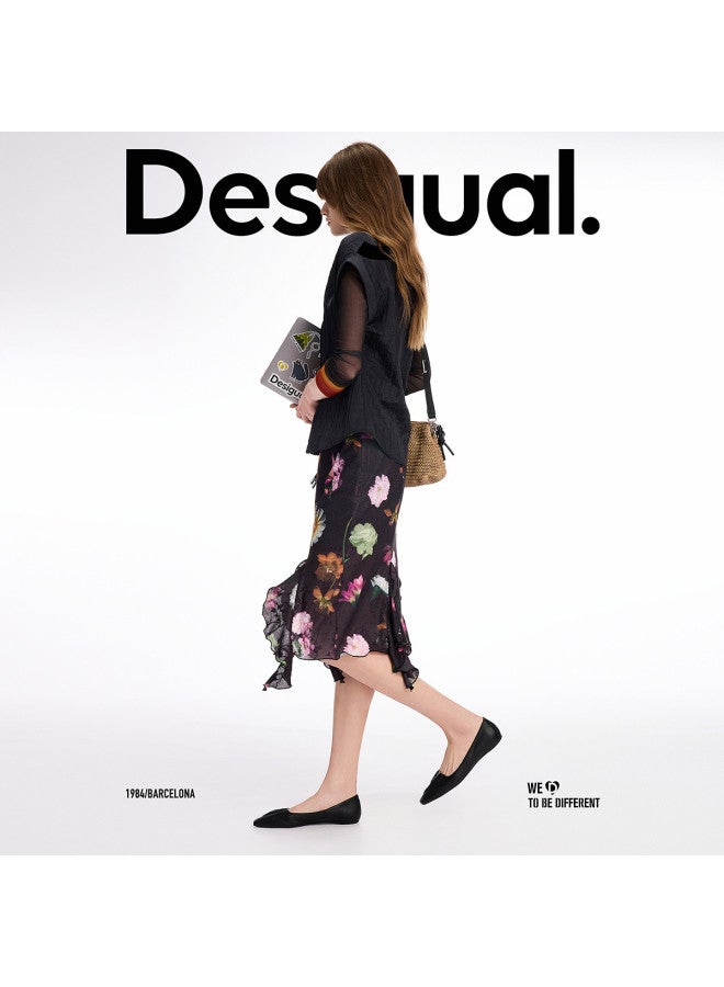 DESIGUAL مجموعة جديدة ss25 تنورة مزخرفة بطبعة زهور مع حافة غير متساوية - Image 5