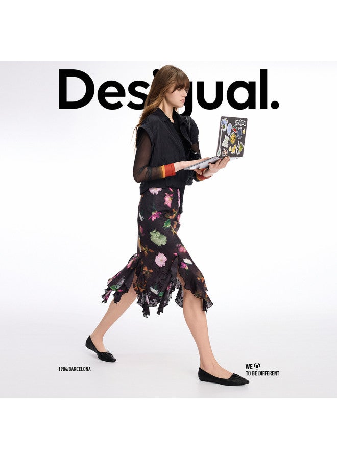 DESIGUAL مجموعة جديدة ss25 تنورة مزخرفة بطبعة زهور مع حافة غير متساوية - Image 2