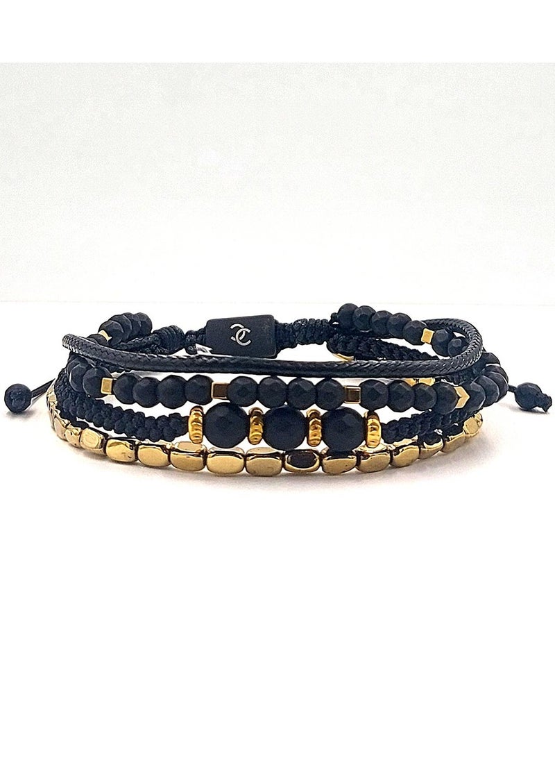 CHRYSOSTOMOS Handmade Adjustable Beaded Bracelet for Men with Black Strap, Black Onyx and Black Cord - Image 1