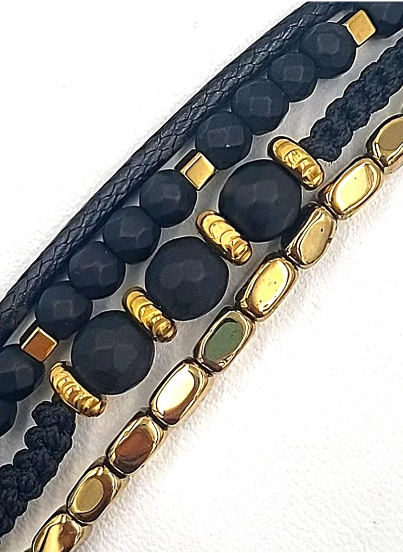 كريسوستوموس Handmade Adjustable Beaded Bracelet for Men with Black Strap, Black Onyx and Black Cord