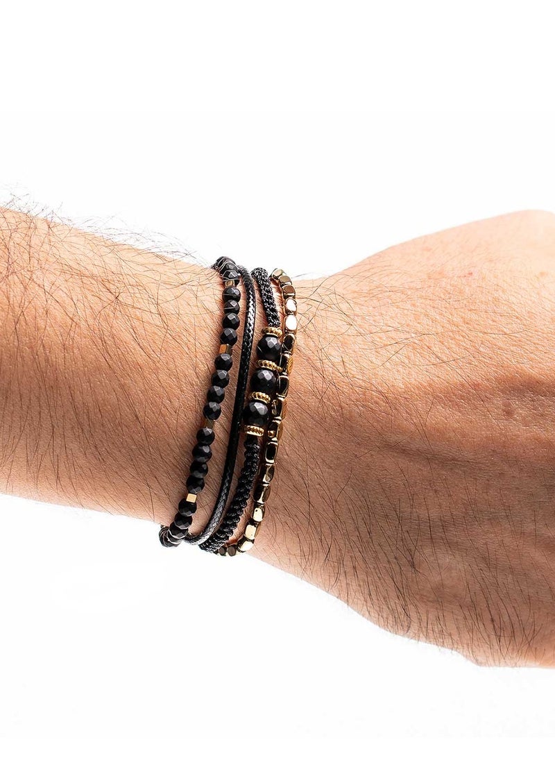 CHRYSOSTOMOS Handmade Adjustable Beaded Bracelet for Men with Black Strap, Black Onyx and Black Cord - Image 3