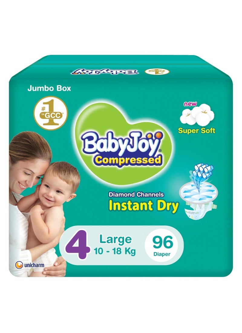 BabyJoy Compressed Diamond Pad Diaper, Size 4, Large, 10-18 Kg, Jumbo Box, 96 Diapers - Image 1