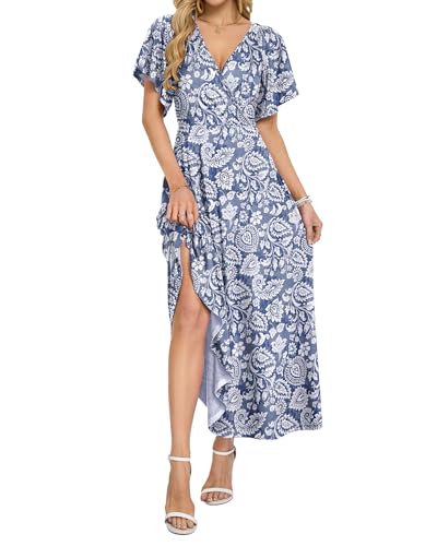 AUSELILY Maxi Dresses Women 2026 Summer Long Flowy Wrap Dress Ruffle Sleeve Deep V Neck Floral Beach Dress with Pockets Boho Leaf Floral L - Image 2
