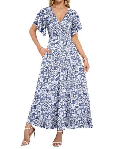 AUSELILY Maxi Dresses Women 2026 Summer Long Flowy Wrap Dress Ruffle Sleeve Deep V Neck Floral Beach Dress with Pockets Boho Leaf Floral L - Image 1