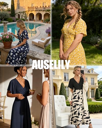 AUSELILY Maxi Dresses Women 2026 Summer Long Flowy Wrap Dress Ruffle Sleeve Deep V Neck Floral Beach Dress with Pockets Boho Leaf Floral L - Image 5
