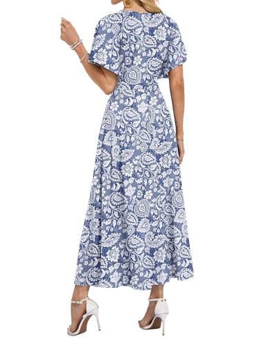 AUSELILY Maxi Dresses Women 2026 Summer Long Flowy Wrap Dress Ruffle Sleeve Deep V Neck Floral Beach Dress with Pockets Boho Leaf Floral L - Image 4