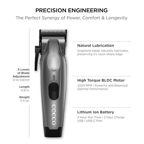 Cocco Veloce Pro Clipper, Digital Gap Ambassador Graphene Taper Blade Professional Hair Clippers, High-Torque BLDC Motor, All-Metal, Cordless, Charging Base Included, Pearl White - Image 2