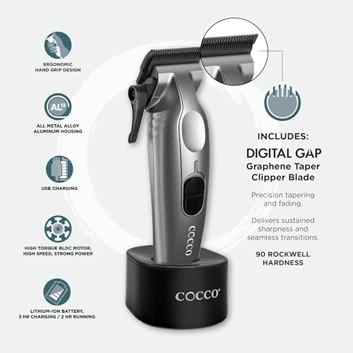 Cocco Veloce Pro Clipper, Digital Gap Ambassador Graphene Taper Blade Professional Hair Clippers, High-Torque BLDC Motor, All-Metal, Cordless, Charging Base Included, Pearl White - Image 4