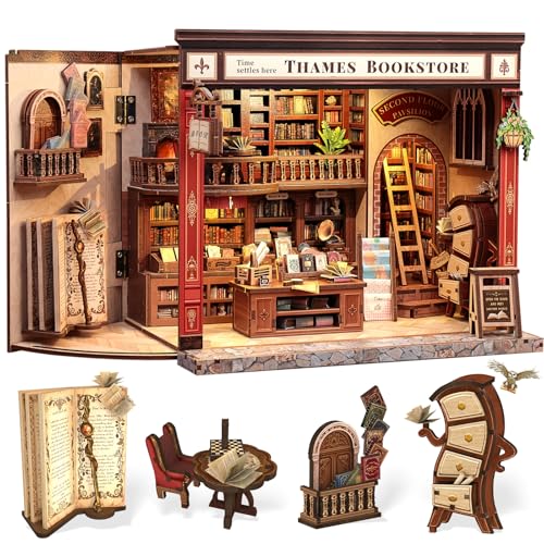 CUTEBEE Book Nook Kit British Bookstore Magic DIY Miniature House Dollhouse Kit for Adults Library Booknook Bookshelf Decor 3D Wooden Puzzle Gifts for Family FriendsThames Bookstore - Image 1