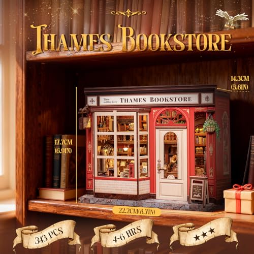 CUTEBEE Book Nook Kit British Bookstore Magic DIY Miniature House Dollhouse Kit for Adults Library Booknook Bookshelf Decor 3D Wooden Puzzle Gifts for Family FriendsThames Bookstore - Image 5