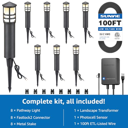 SUNVIE All-in-One LED Landscape Lighting Kit, 8-Pack Low Voltage Pathway Lights with Transformer and 100FT 16/2 AWG Wire, 3000K Waterproof Landscape Lights with Connectors for Walkway Garden Yard - Image 5