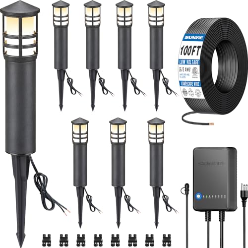 SUNVIE All-in-One LED Landscape Lighting Kit, 8-Pack Low Voltage Pathway Lights with Transformer and 100FT 16/2 AWG Wire, 3000K Waterproof Landscape Lights with Connectors for Walkway Garden Yard - Image 1