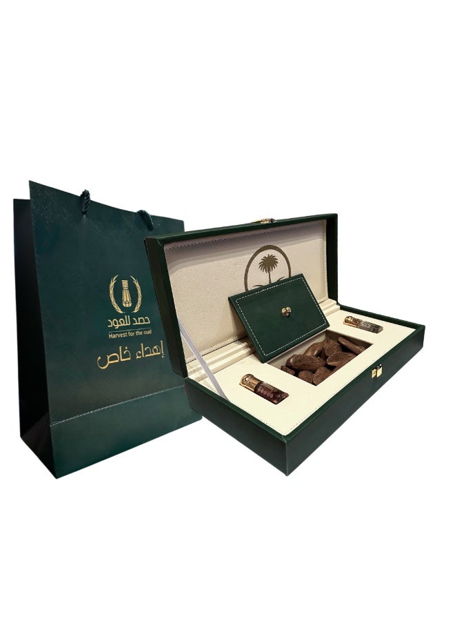 HASD-OUD Gifting Box | Al-Aiazeriah Plus Box | With Saudi Emblem | 60g Maroki Oud + Quarter Tola Premium Mukhallat + Misk Al-Omaraa | Gifting Bag - Image 1
