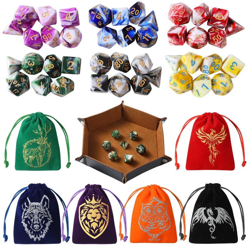 Grajar DND Dice Set 42 Pcs Role Playing Dice Set with 6 Colorful Animal Pattern Dice Bag and PU Leather and Velvet dice Tray for Dungeons and Dragons DD RPG MTG Table Games Mixed White - Image 3