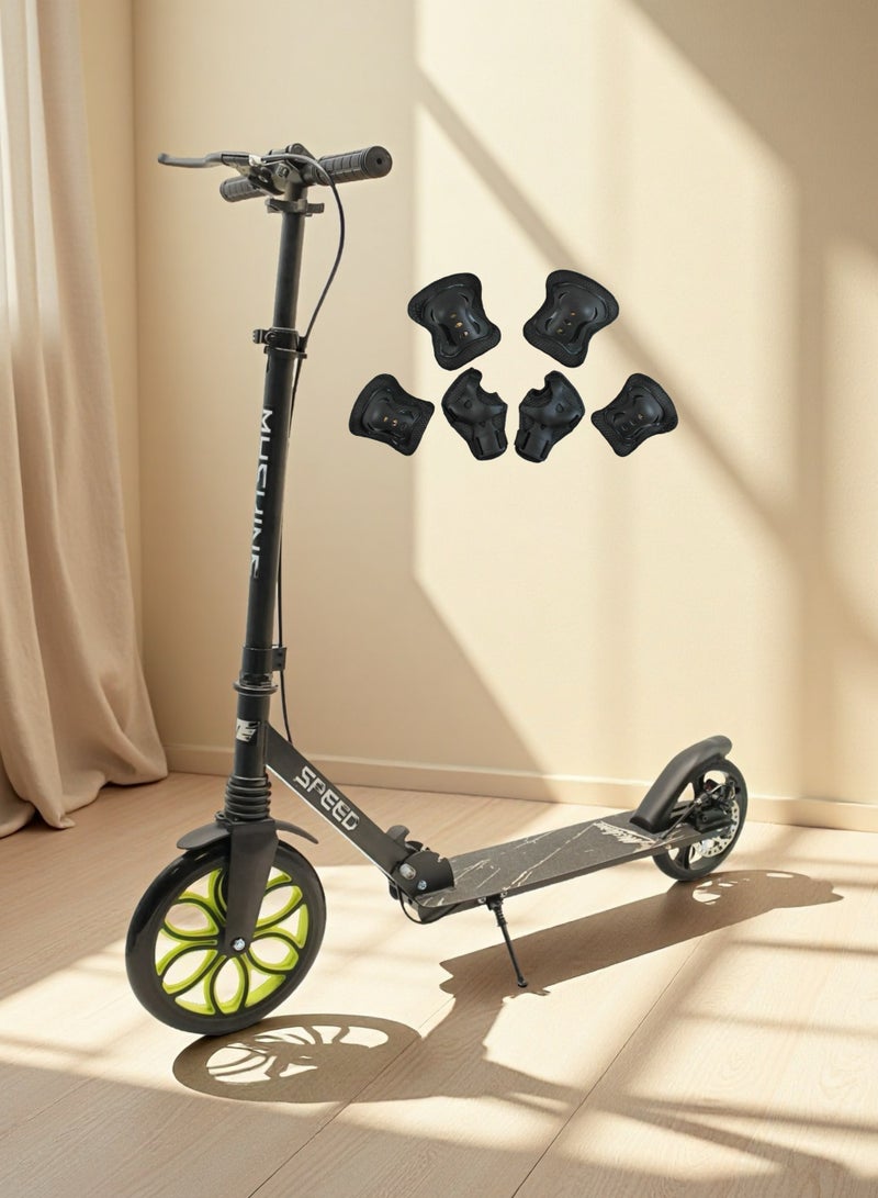 إيزي فيتشور سكوتر EASY FUTURE للأطفال بعجلات كبيرة، قابل لتعديل الارتفاع وقابل للطي مع فرامل خلفية ومقبض للأعمار من 7 إلى 14 عامًا، بما في ذلك مجموعة معدات الحماية - Image 1