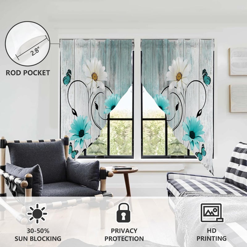 AAtter Teal Floral Kitchen Valance Curtain for Window Turquoise Aqua Flower Rustic Country Daisy Butterfly Small Short Swag Topper Bathroom Living Room Bedroom Decor Fabric 1 Pair, 28" W x 36" L, Cute - Image 3