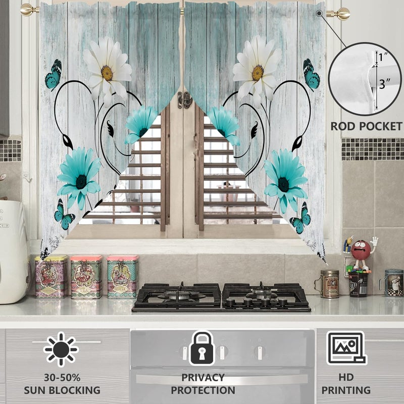 AAtter Teal Floral Kitchen Valance Curtain for Window Turquoise Aqua Flower Rustic Country Daisy Butterfly Small Short Swag Topper Bathroom Living Room Bedroom Decor Fabric 1 Pair, 28" W x 36" L, Cute - Image 2