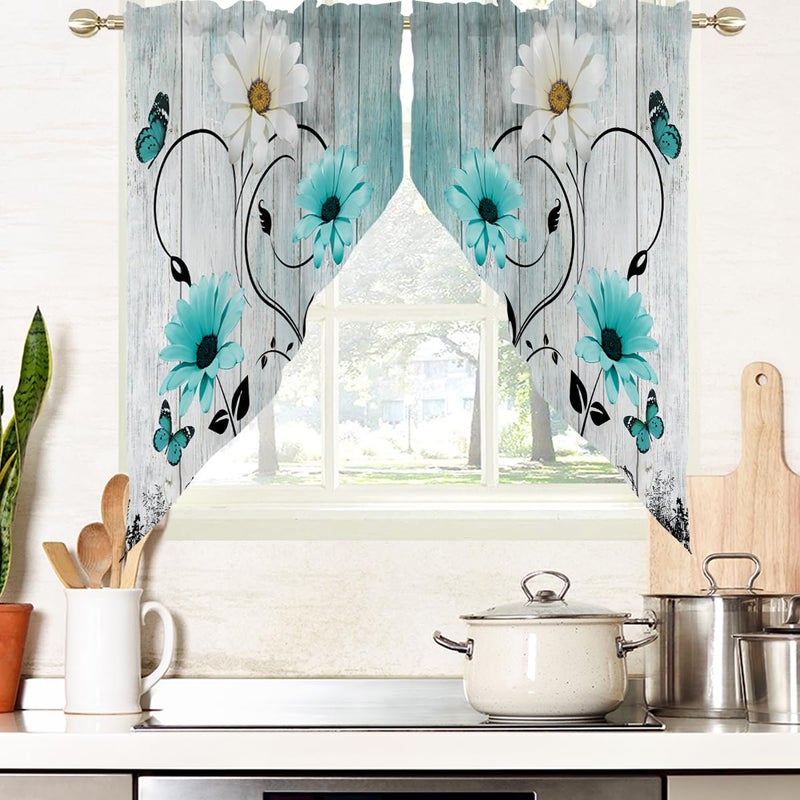 AAtter Teal Floral Kitchen Valance Curtain for Window Turquoise Aqua Flower Rustic Country Daisy Butterfly Small Short Swag Topper Bathroom Living Room Bedroom Decor Fabric 1 Pair, 28" W x 36" L, Cute - Image 1