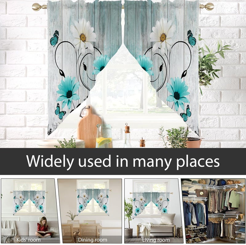 AAtter Teal Floral Kitchen Valance Curtain for Window Turquoise Aqua Flower Rustic Country Daisy Butterfly Small Short Swag Topper Bathroom Living Room Bedroom Decor Fabric 1 Pair, 28" W x 36" L, Cute - Image 4