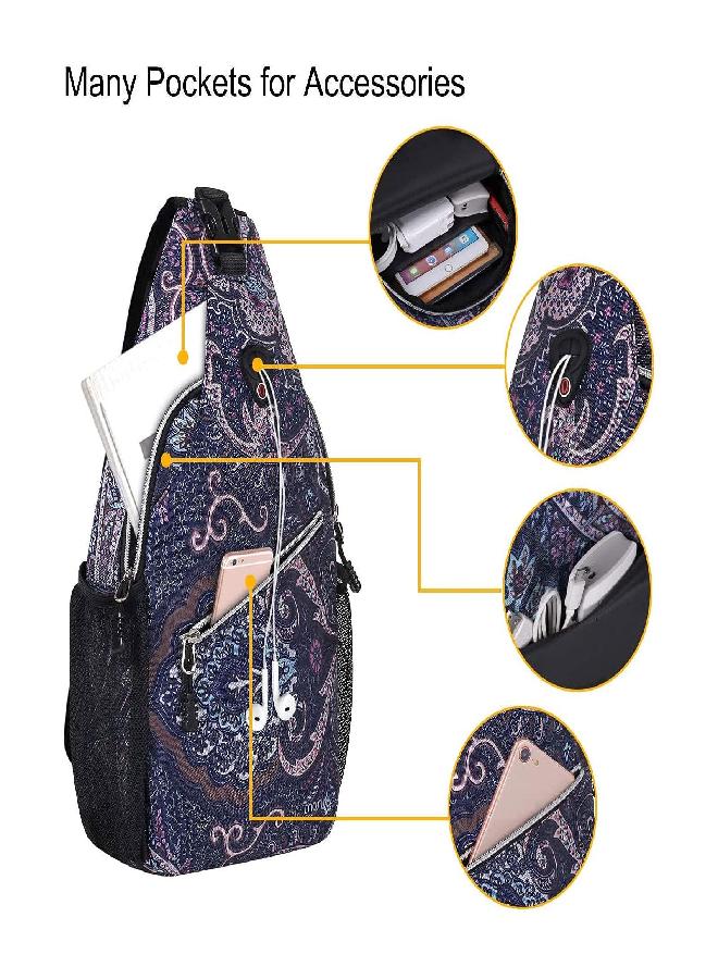 Mosiso Sling Backpack,Travel Hiking Daypack Pattern Rope Crossbody Shoulder Bag, Navy Blue Base Totem Texture - Image 2